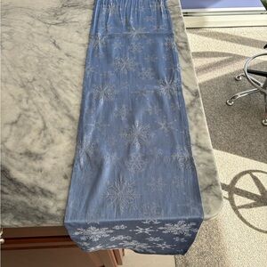 88” x 12” Blue table runner with silver & white snowflakes